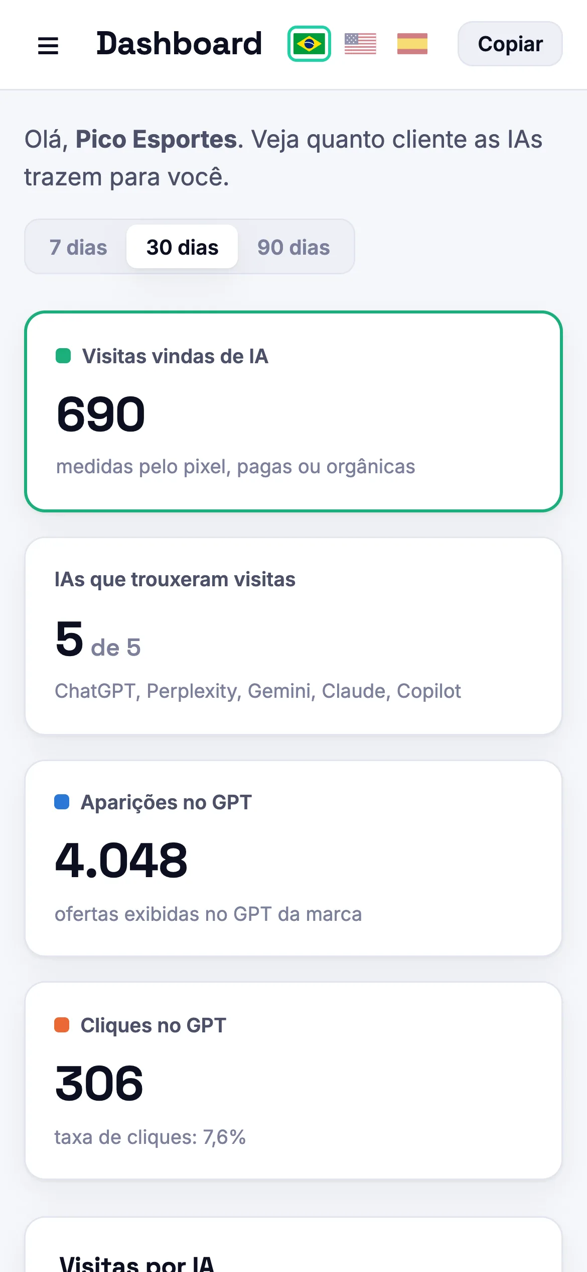 Dashboard da NuvemFront aberto no celular, com os indicadores empilhados