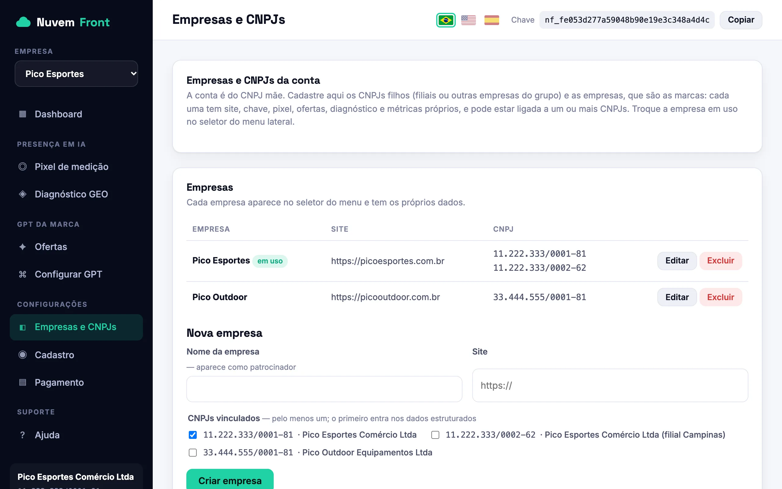 Tela Empresas e CNPJs com CNPJ mãe, filial e outra empresa do grupo, cada marca com site e CNPJs vinculados