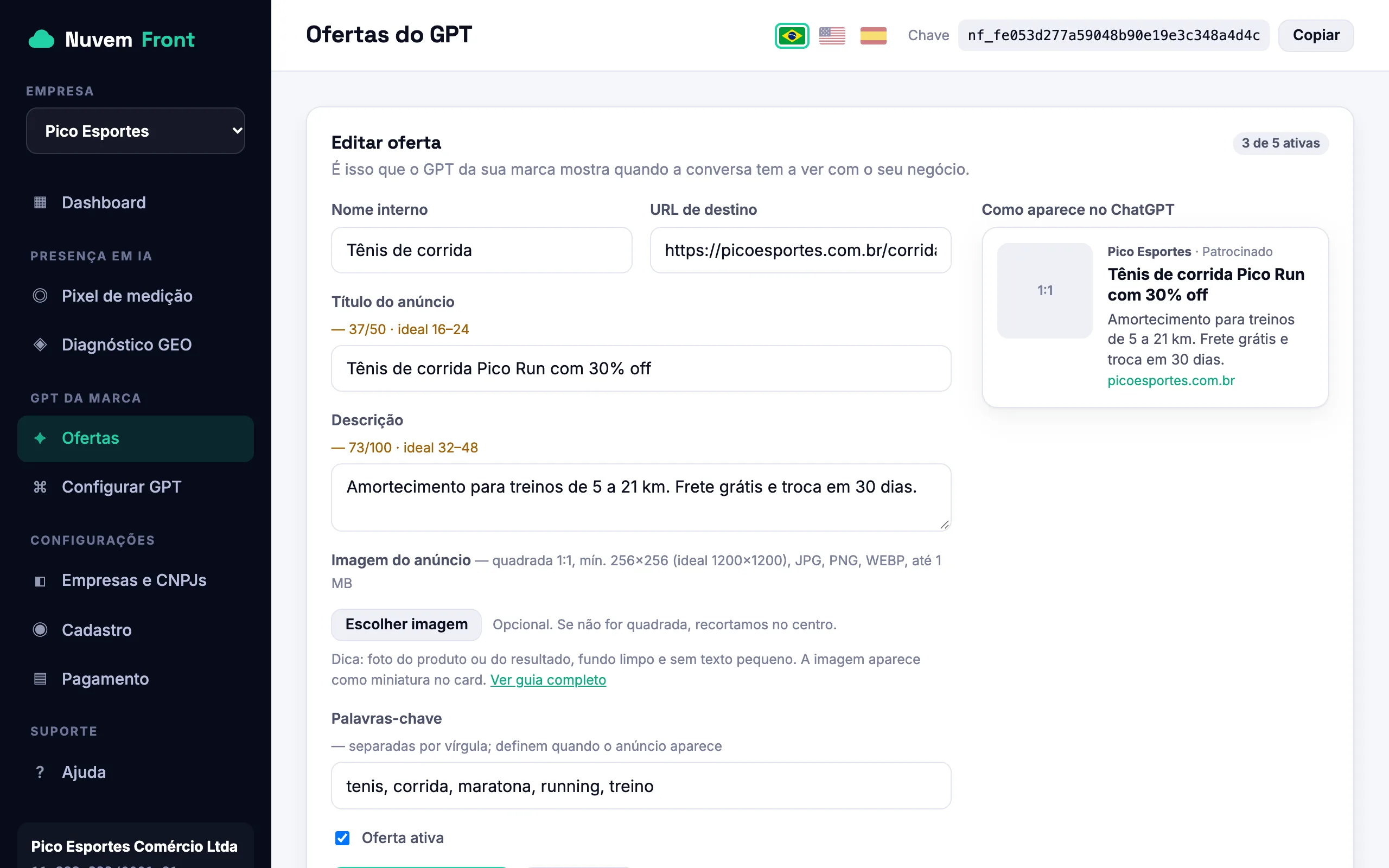 Tela de ofertas do GPT com formulário, contador de caracteres e pré-visualização ao vivo do anúncio