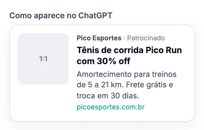 Pré-visualização de uma oferta como aparece no ChatGPT: marca Pico Esportes, selo Patrocinado, título Tênis de corrida Pico Run com 30% off e o domínio do site